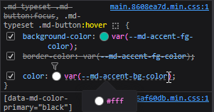 Display of CSS properties for button when on hover. One of which is the color, precomputed with the variable --md-accent-bg-color, which gives the hex code #fff, i.e. white color.