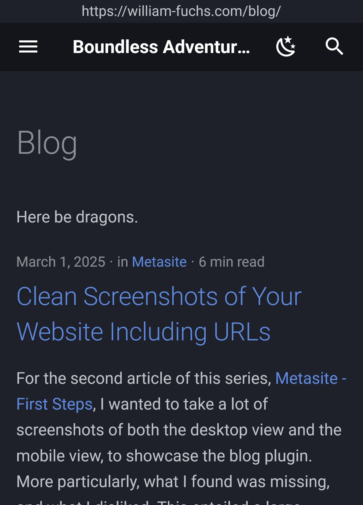 An example of taking a screenshot of Firefox mobile view of a the blog index page of this website, via the means described in this article.