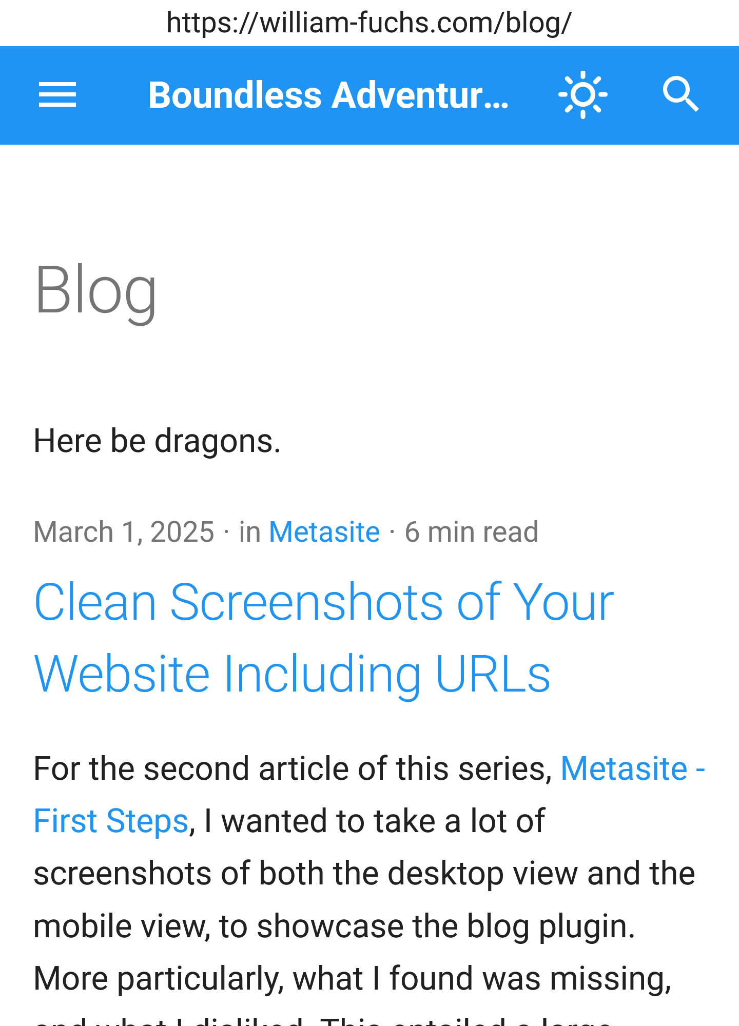 An example of taking a screenshot of Firefox mobile view of a the blog index page of this website, via the means described in this article.