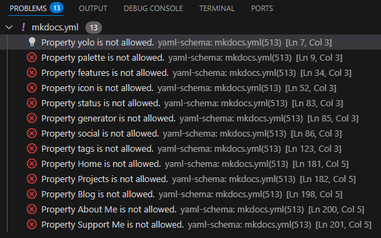 VScode "PROBLEMS" interface, listing 13 different issues with the YAML file.