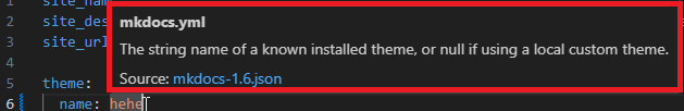 VScode interface that illustrates a description being displayed when hovering over the theme "name" field. The description being what this field is for.